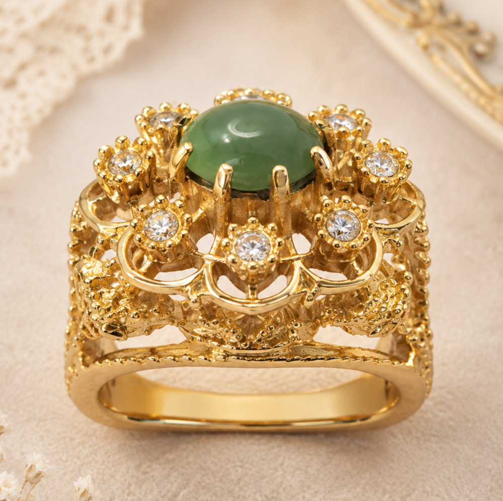 Vintage 18K HGE Green Cabochon Rhinestone Cocktail Ring Size 8 Regency Glam Chic